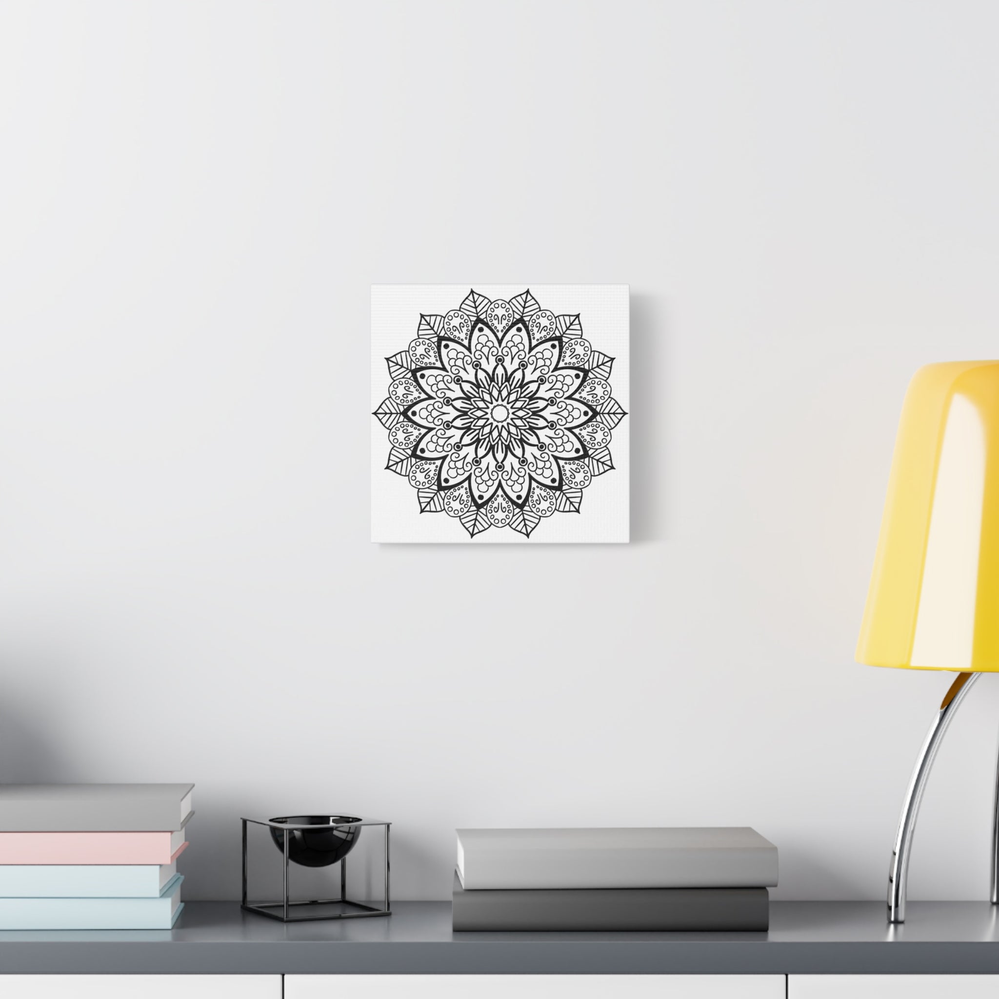 Beautiful handmade mandala art in black and white, printed on matte canvas and stretched to 125 inches, perfect for wall decor