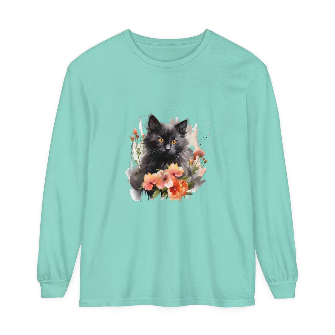  Close-up of black cat and floral watercolor print on soft cotton shirt 