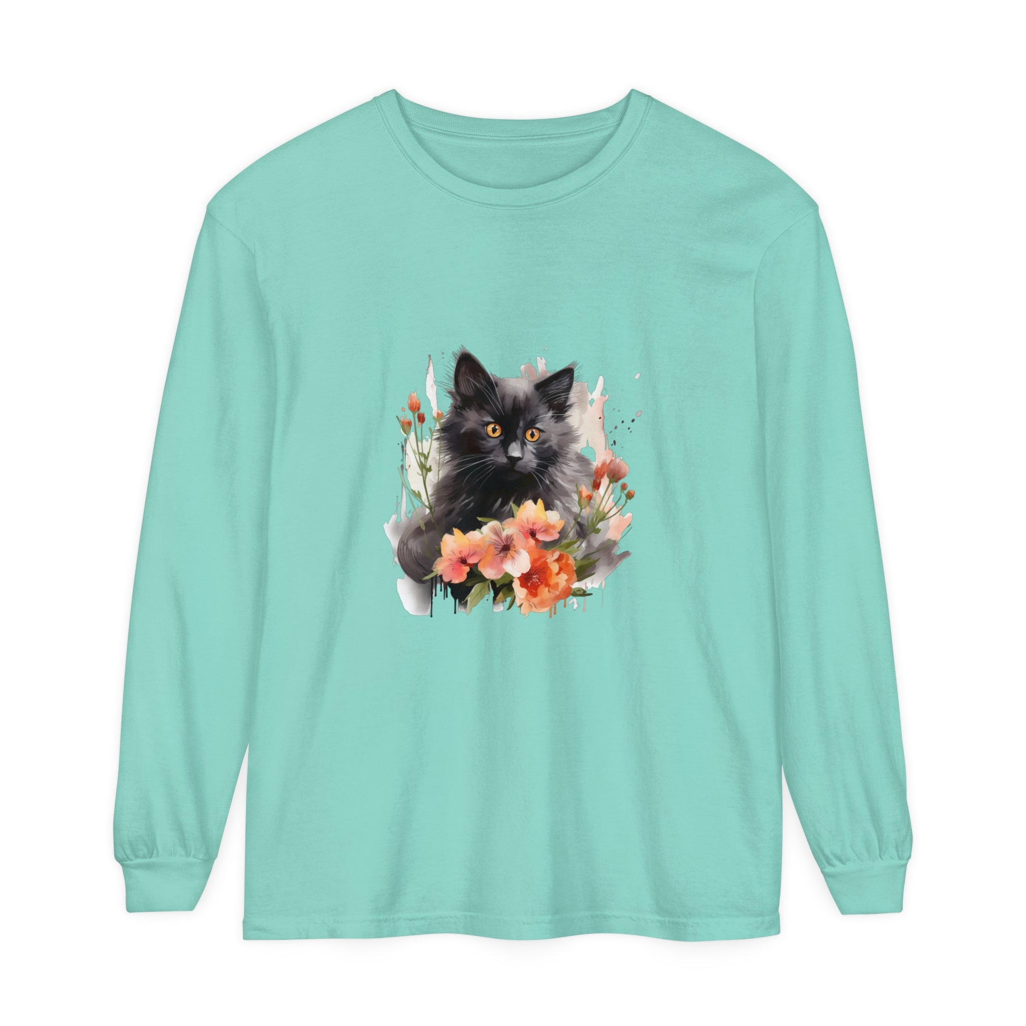  Close-up of black cat and floral watercolor print on soft cotton shirt 