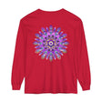 Vibrant purple and gold mandala design long sleeve t-shirt for women