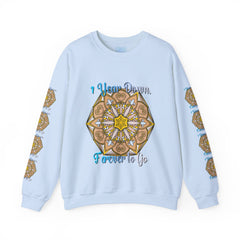 Black unisex heavy blend crewneck sweatshirt with '1 Year Down, Forever to Go' anniversary message