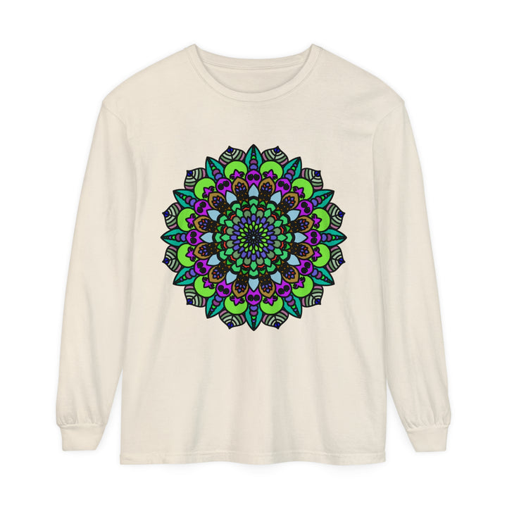 Colorful and intricate psychedelic mandala design printed on a unisex long sleeve t-shirt