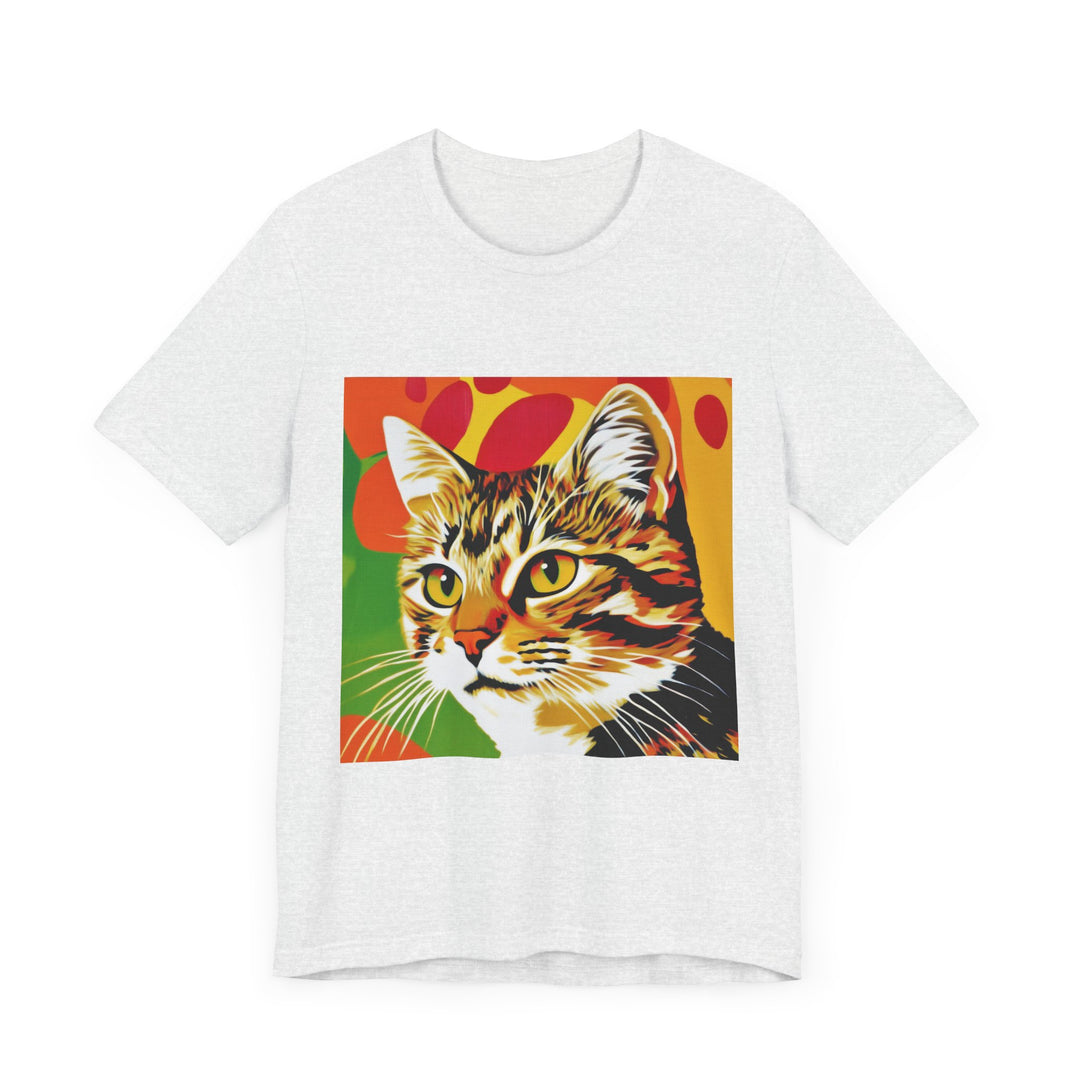 Colorful and vibrant Tabby Cat Pop Art Short Sleeve Tee on a model, perfect for cat lovers