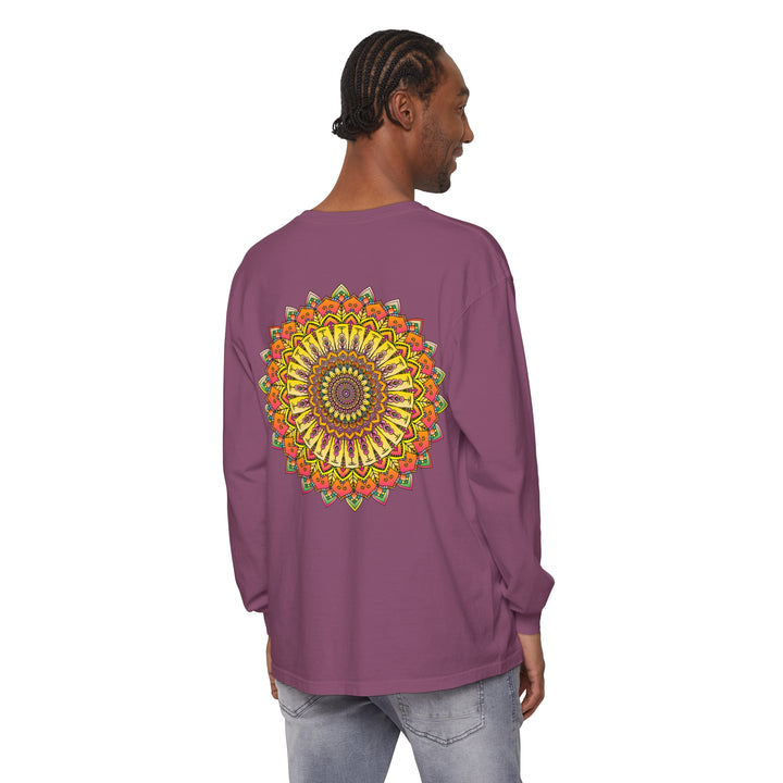 Intricate Mandala Unisex Long Sleeve T-Shirt featuring a detailed, symmetrical design in vibrant colors