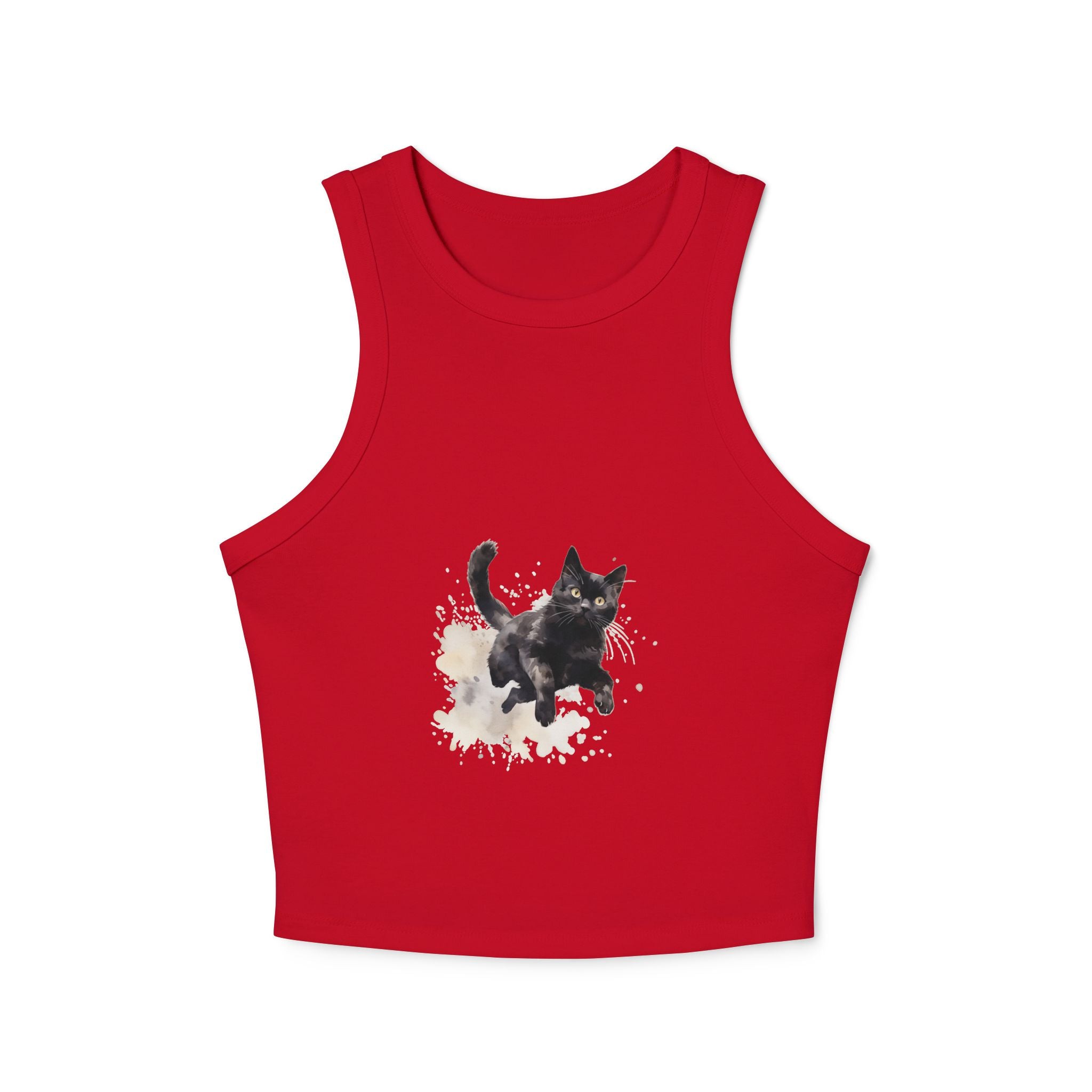 Side view of Black Cat Watercolor Splash Racer Tank Top on model