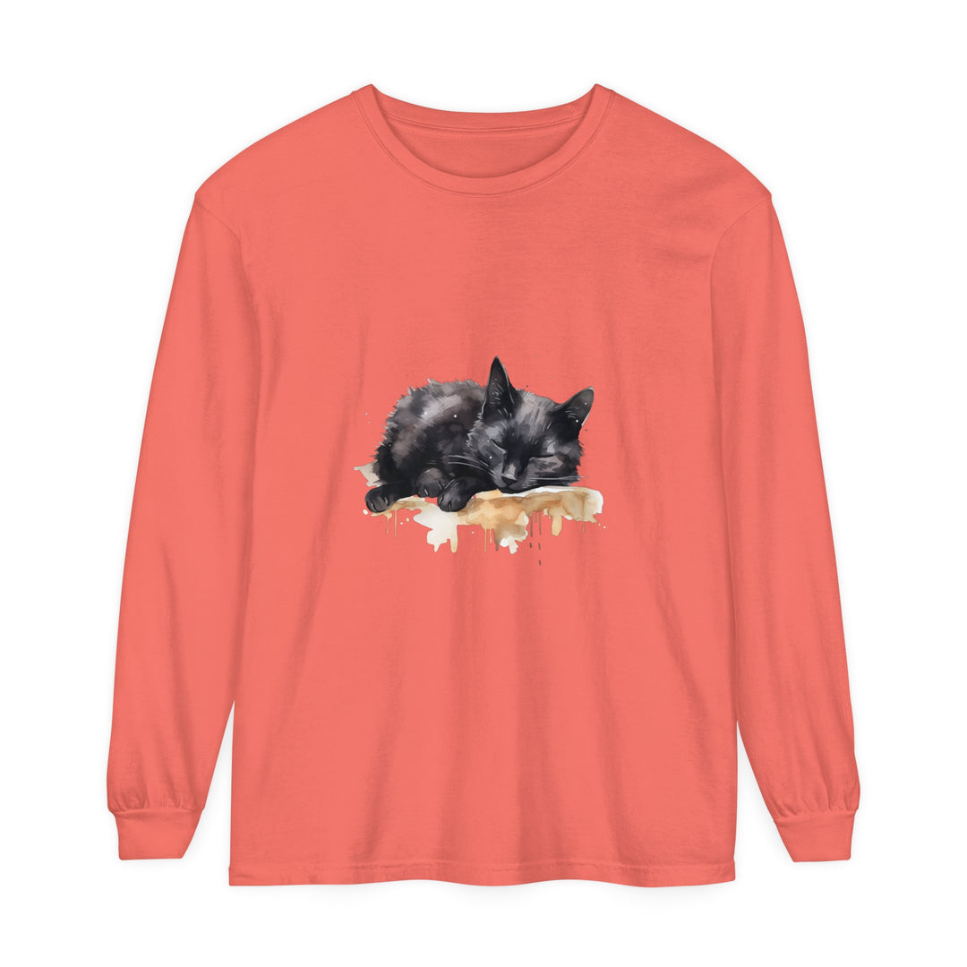 A beautiful watercolor illustration of a sleeping black cat on a t-shirt