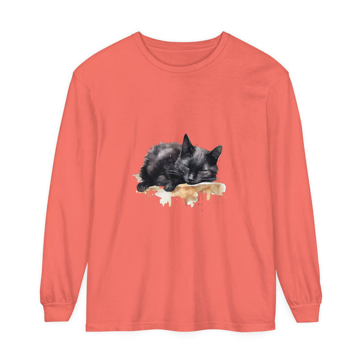 A beautiful watercolor illustration of a sleeping black cat on a t-shirt