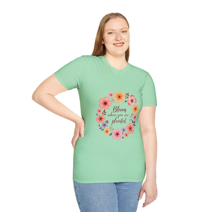 Colorful floral mandala design with inspiring quote on white t-shirt