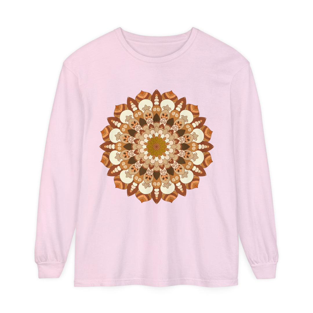 Intricate mandala design in shades of blue and purple on unisex long sleeve t-shirt