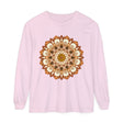 Intricate mandala design in shades of blue and purple on unisex long sleeve t-shirt
