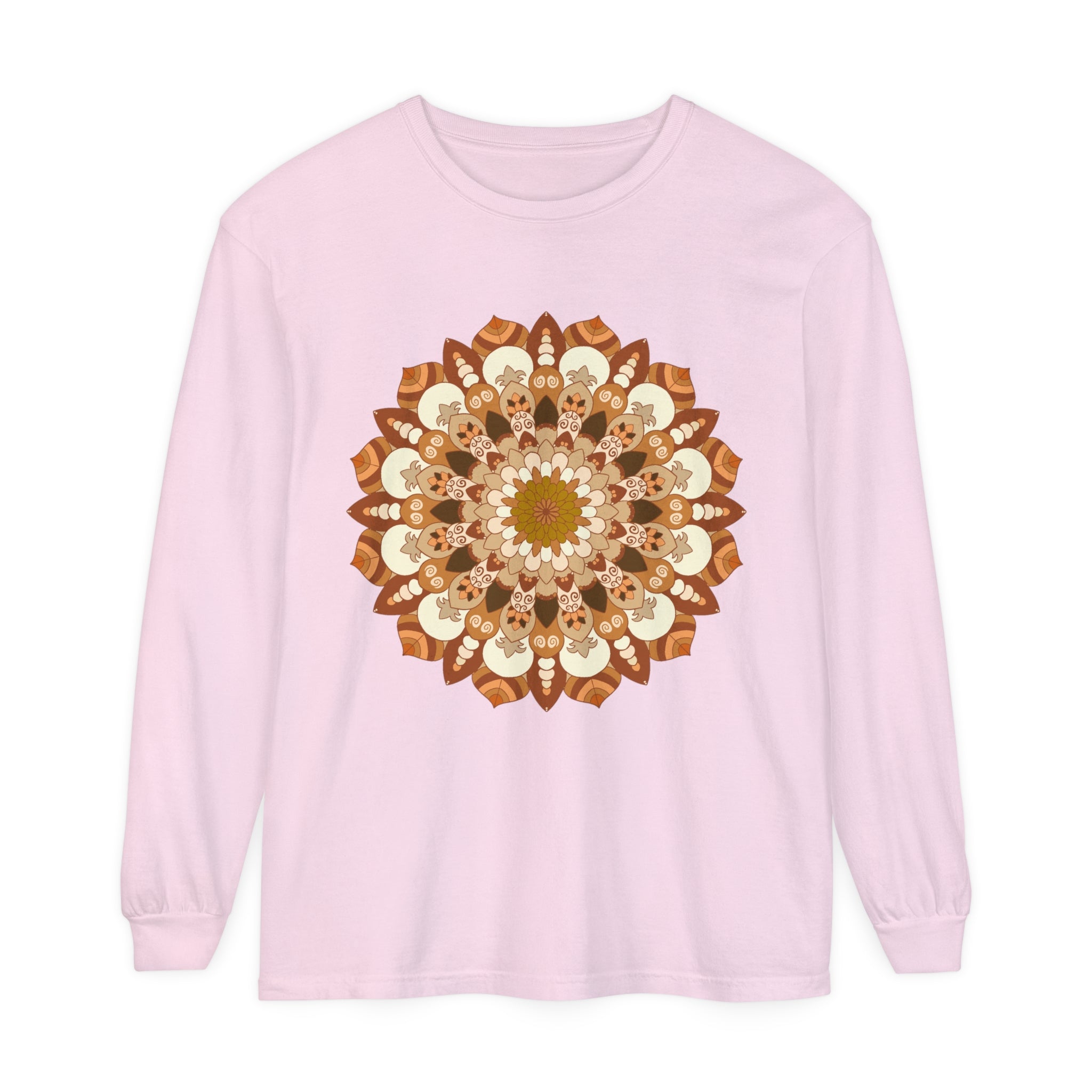 Intricate mandala design in shades of blue and purple on unisex long sleeve t-shirt