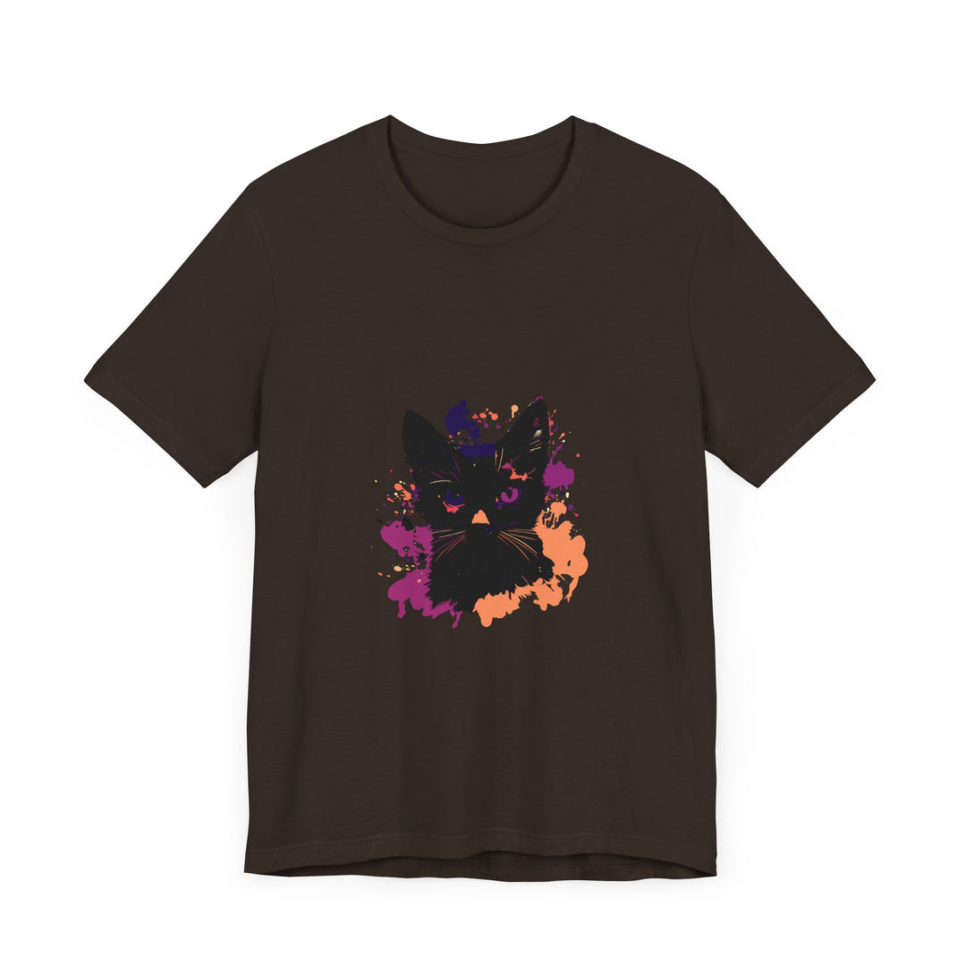 Black Cat Mystery T-Shirt featuring a striking black cat with piercing purple eyes