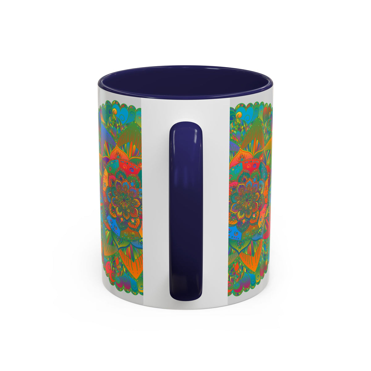 A beautifully handcrafted mandala art mug featuring a colorful floral design