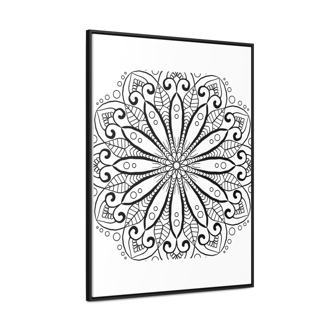 Beautiful, intricate mandala handmade art in black and white, displayed on gallery canvas wraps in a vertical frame