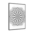 Beautiful, intricate mandala handmade art in black and white, displayed on gallery canvas wraps in a vertical frame