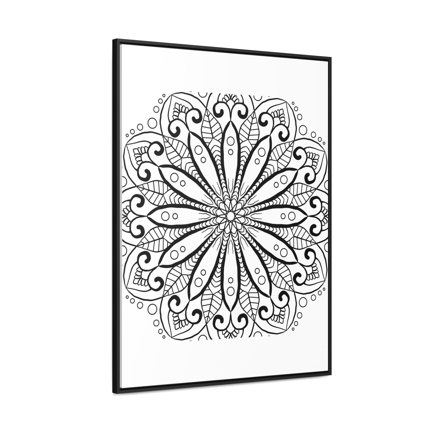 Beautiful, intricate mandala handmade art in black and white, displayed on gallery canvas wraps in a vertical frame