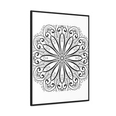 Beautiful, intricate mandala handmade art in black and white, displayed on gallery canvas wraps in a vertical frame