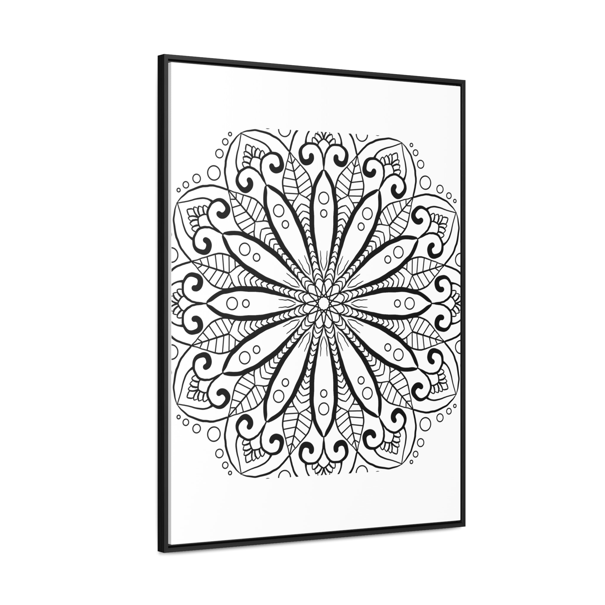 Beautiful, intricate mandala handmade art in black and white, displayed on gallery canvas wraps in a vertical frame