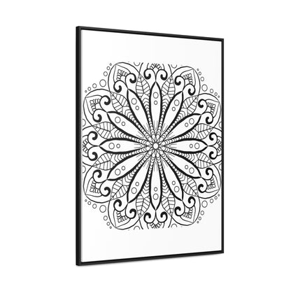 Beautiful, intricate mandala handmade art in black and white, displayed on gallery canvas wraps in a vertical frame