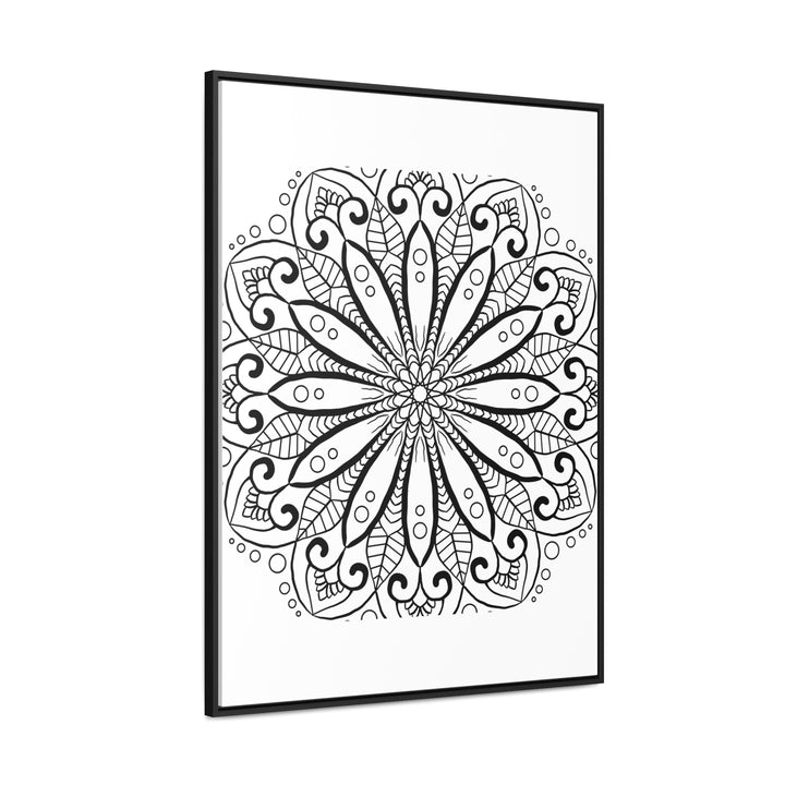 Beautiful, intricate mandala handmade art in black and white, displayed on gallery canvas wraps in a vertical frame