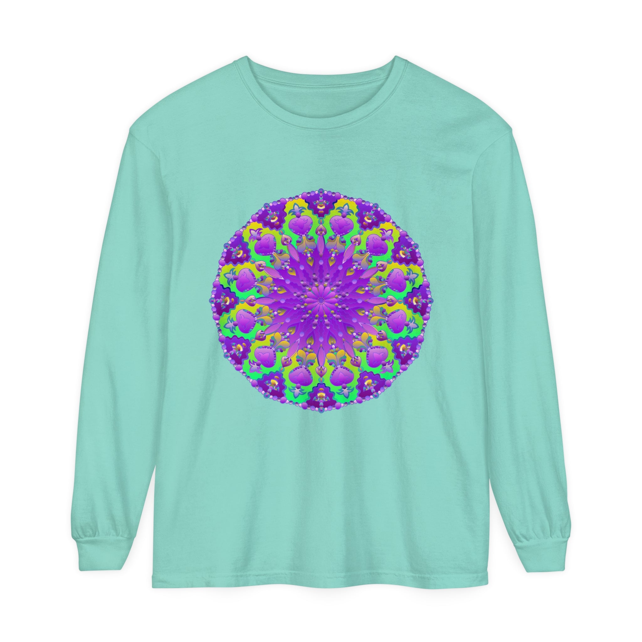 Close-up of purple and green mandala design on long sleeve t-shirt