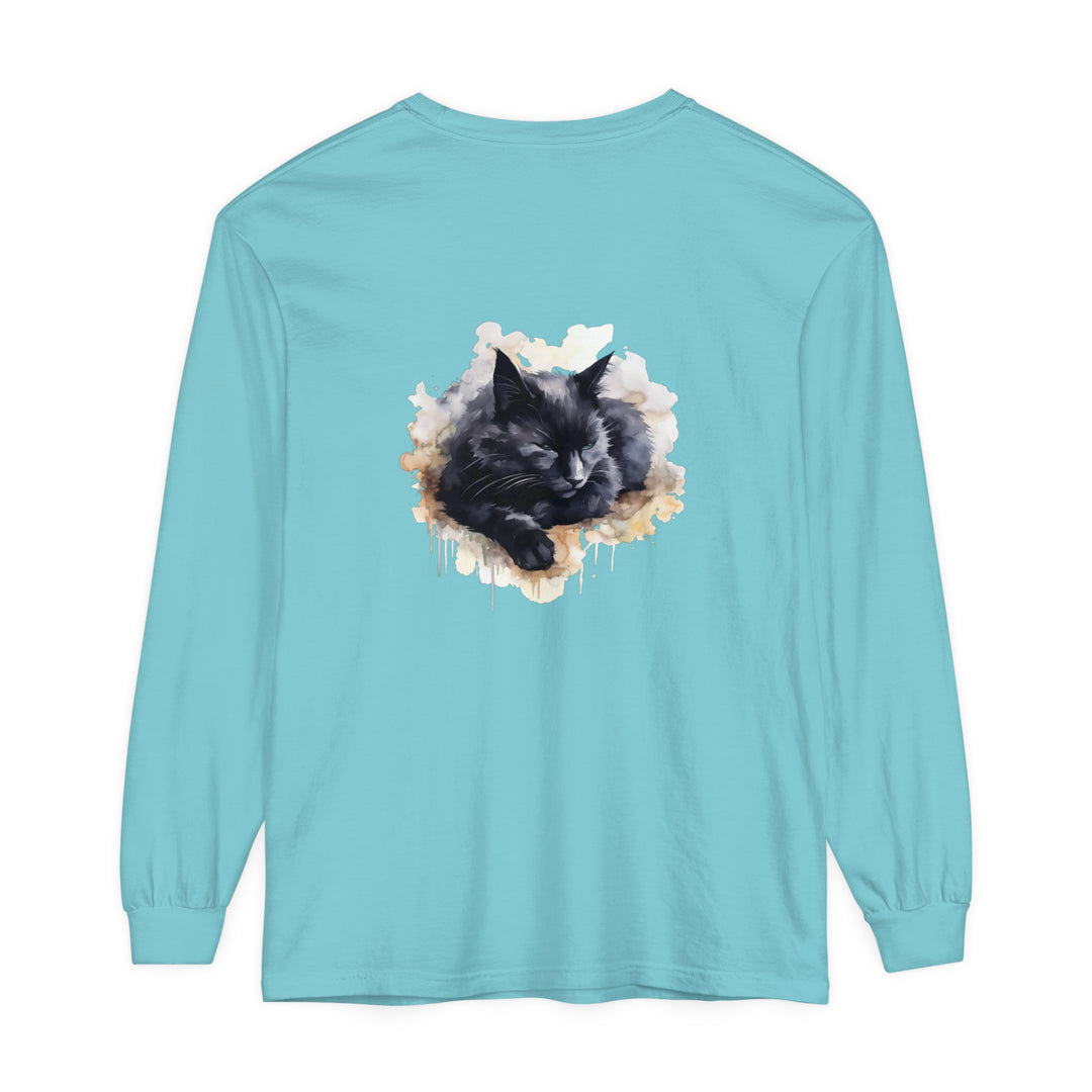 A detailed watercolor illustration of a black cat sleeping on a t-shirt