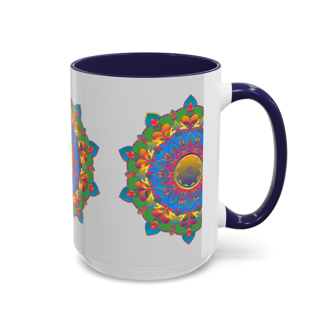 Stylish and colorful mandala flower pattern on grey ceramic mug