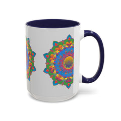 Stylish and colorful mandala flower pattern on grey ceramic mug