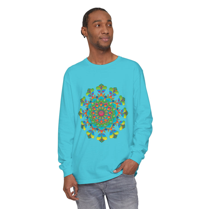 Colorful and intricate hand-dyed long sleeve t-shirt with psychedelic mandala design