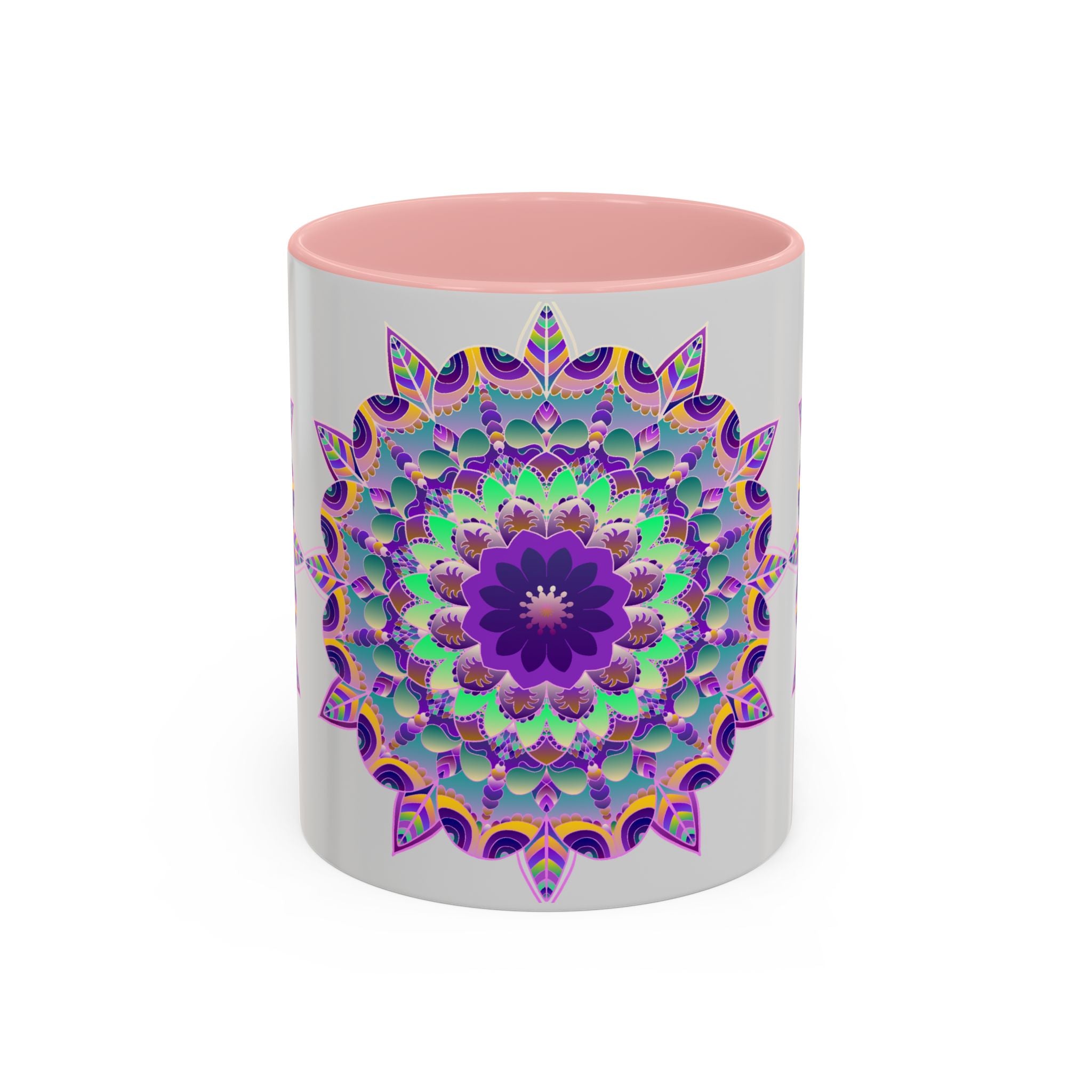 Beautiful light grey mug featuring a vibrant mandala art design