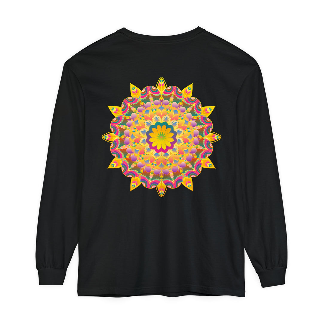 Colorful and intricate psychedelic mandala design on a long sleeve t-shirt