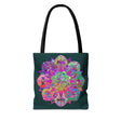 Dark green tote bag with colorful mandala design, perfect for everyday use