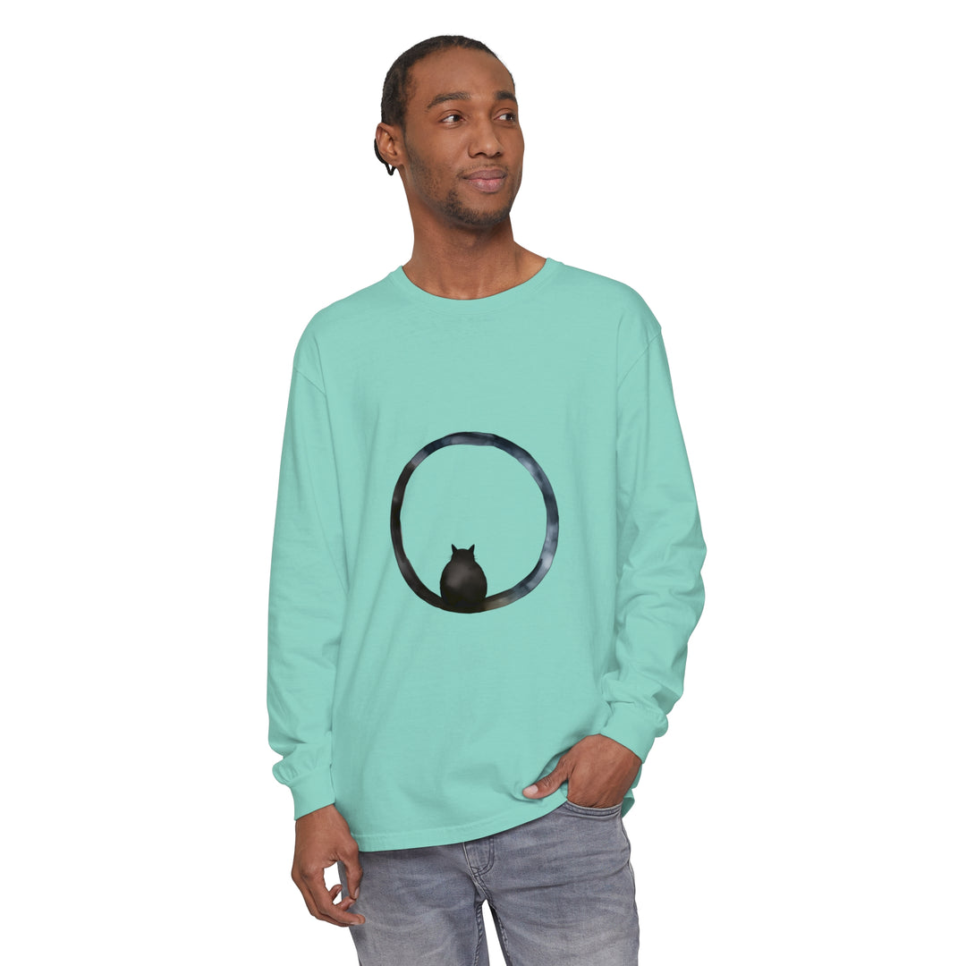 A close-up image of a Mystifying Sphere Unisex Long Sleeve T-Shirt featuring a mesmerizing design in vibrant colors