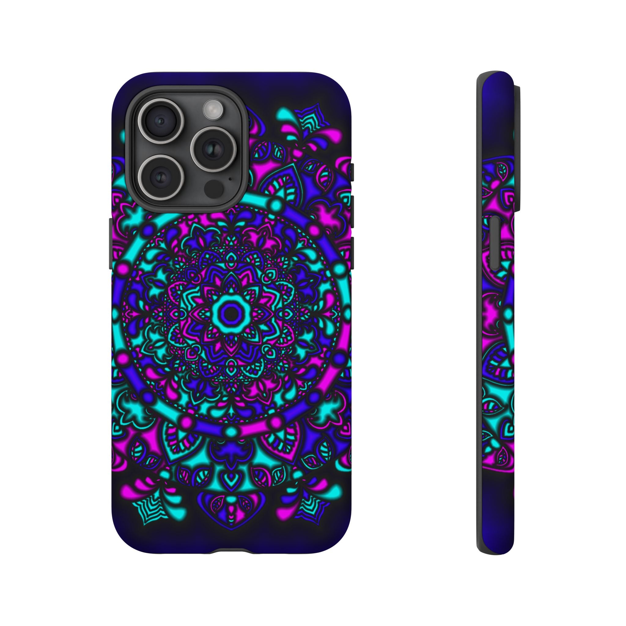 Mandala Neon Phone Case — Purple & Teal Protective Tough Case