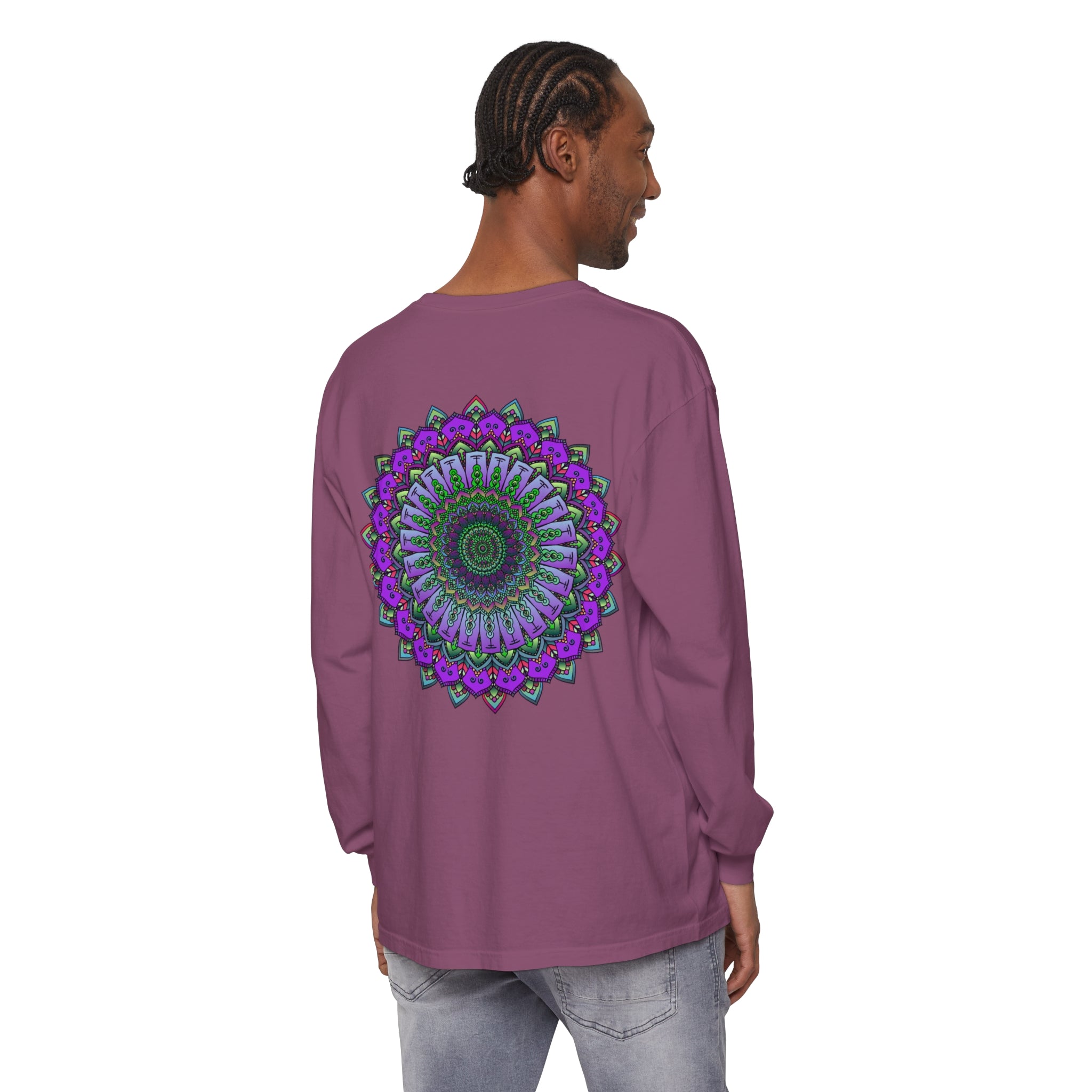 Intricate Mandala Unisex Long Sleeve T-Shirt in vibrant colors and detailed design