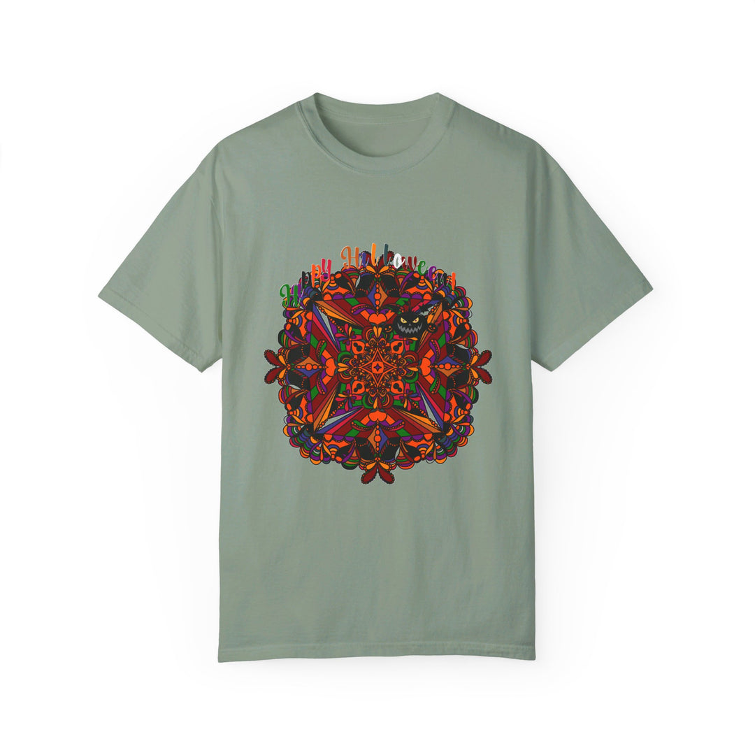 Halloween Mandala T-shirt Unisex - Handmade Pumpkin Mandala Art - Garment-Dyed Tee, perfect for celebrating the spooky season with a unique and artistic design