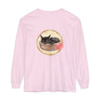 A watercolor illustration of a sleeping cat in a bowl, featured on a long sleeve t-shirt