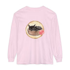 A watercolor illustration of a sleeping cat in a bowl, featured on a long sleeve t-shirt