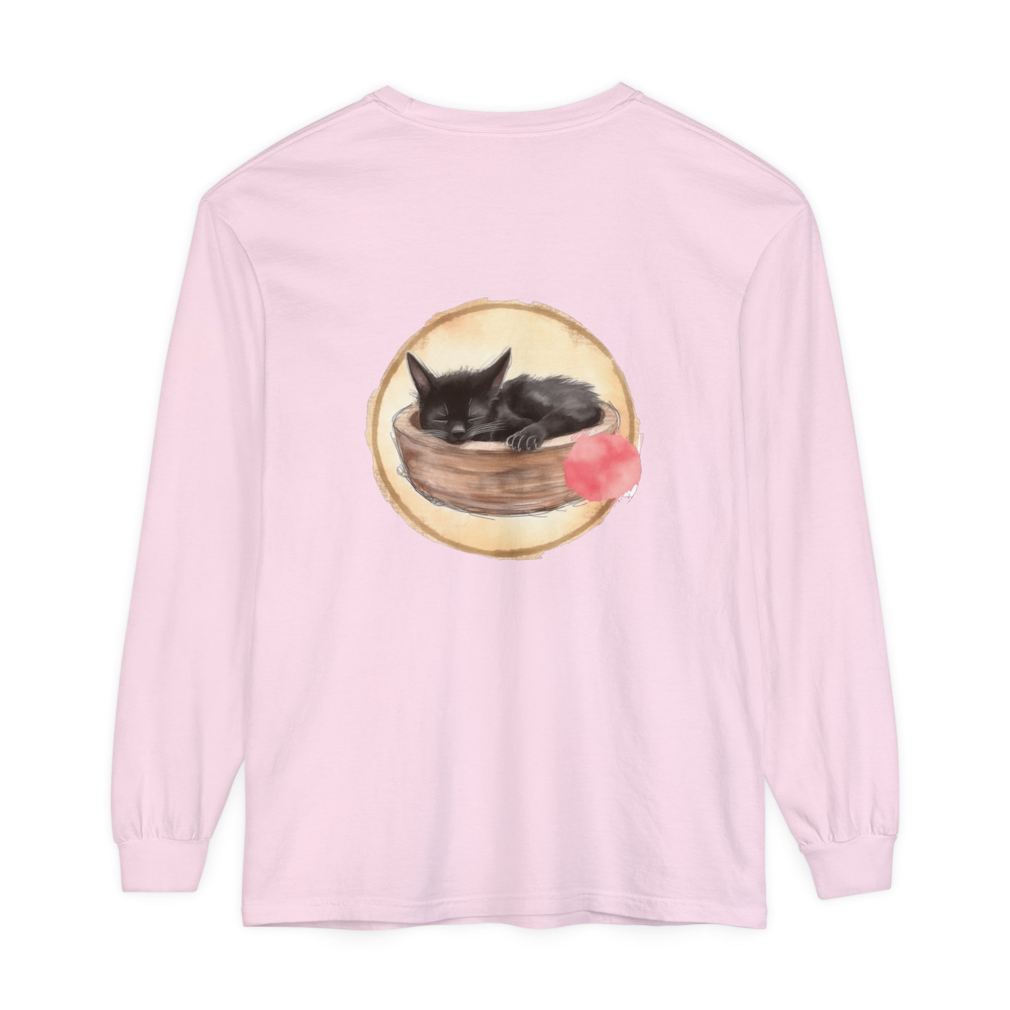 A watercolor illustration of a sleeping cat in a bowl, featured on a long sleeve t-shirt