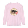 A watercolor illustration of a sleeping cat in a bowl, featured on a long sleeve t-shirt