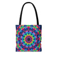 Vibrant and colorful psychedelic mandala tote bag with intricate designs