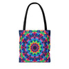 Vibrant and colorful psychedelic mandala tote bag with intricate designs