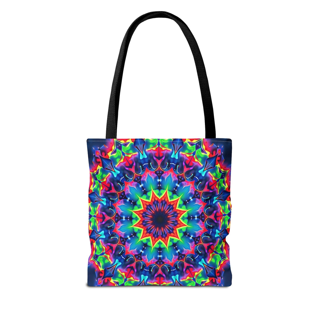 Vibrant and colorful psychedelic mandala tote bag with intricate designs