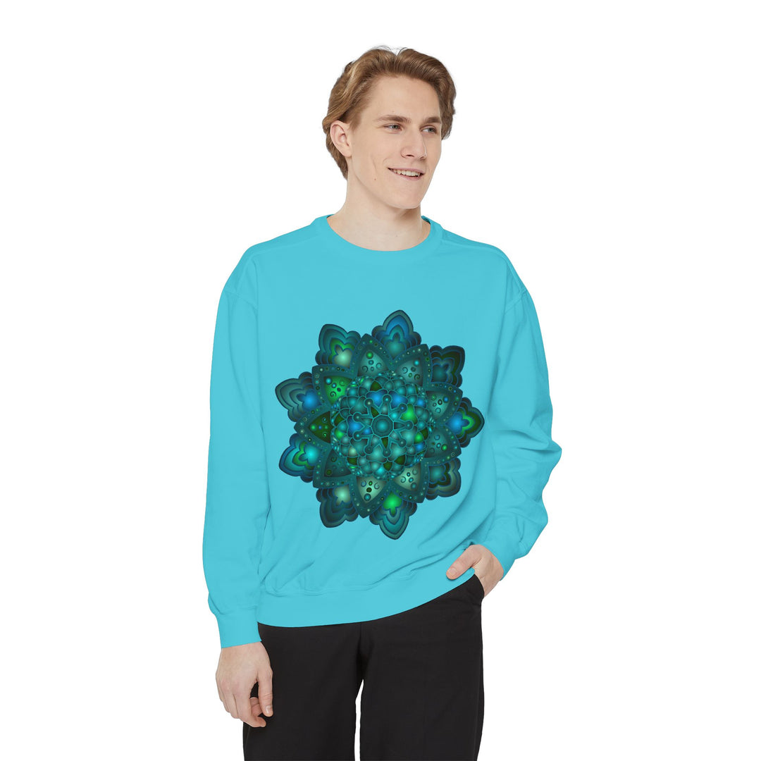 Beautiful blue and green mandala sweatshirt with intricate design and vibrant colors