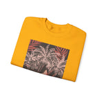 A cozy unisex heavy blend crewneck sweatshirt featuring a cute cat under palm trees design