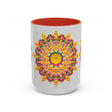 Colorful ceramic mug featuring a vibrant floral mandala design, perfect for art lovers