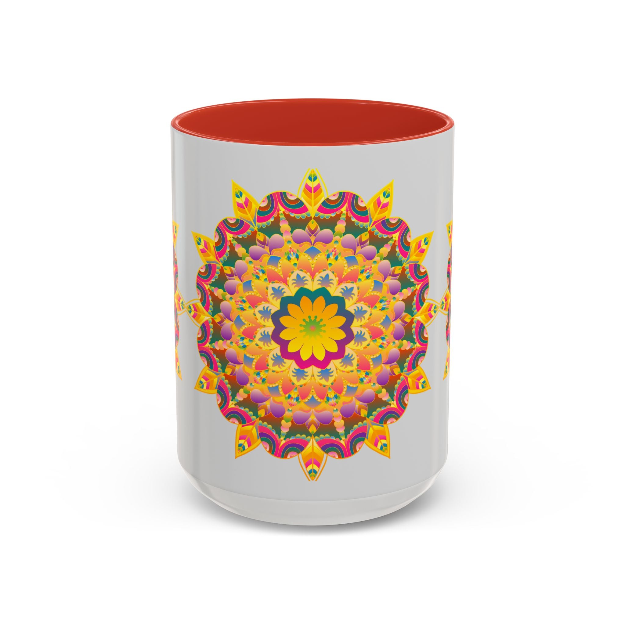 Colorful ceramic mug featuring a vibrant floral mandala design, perfect for art lovers