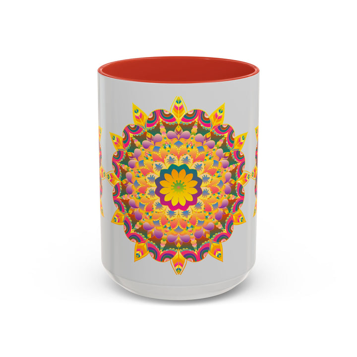 Colorful ceramic mug featuring a vibrant floral mandala design, perfect for art lovers