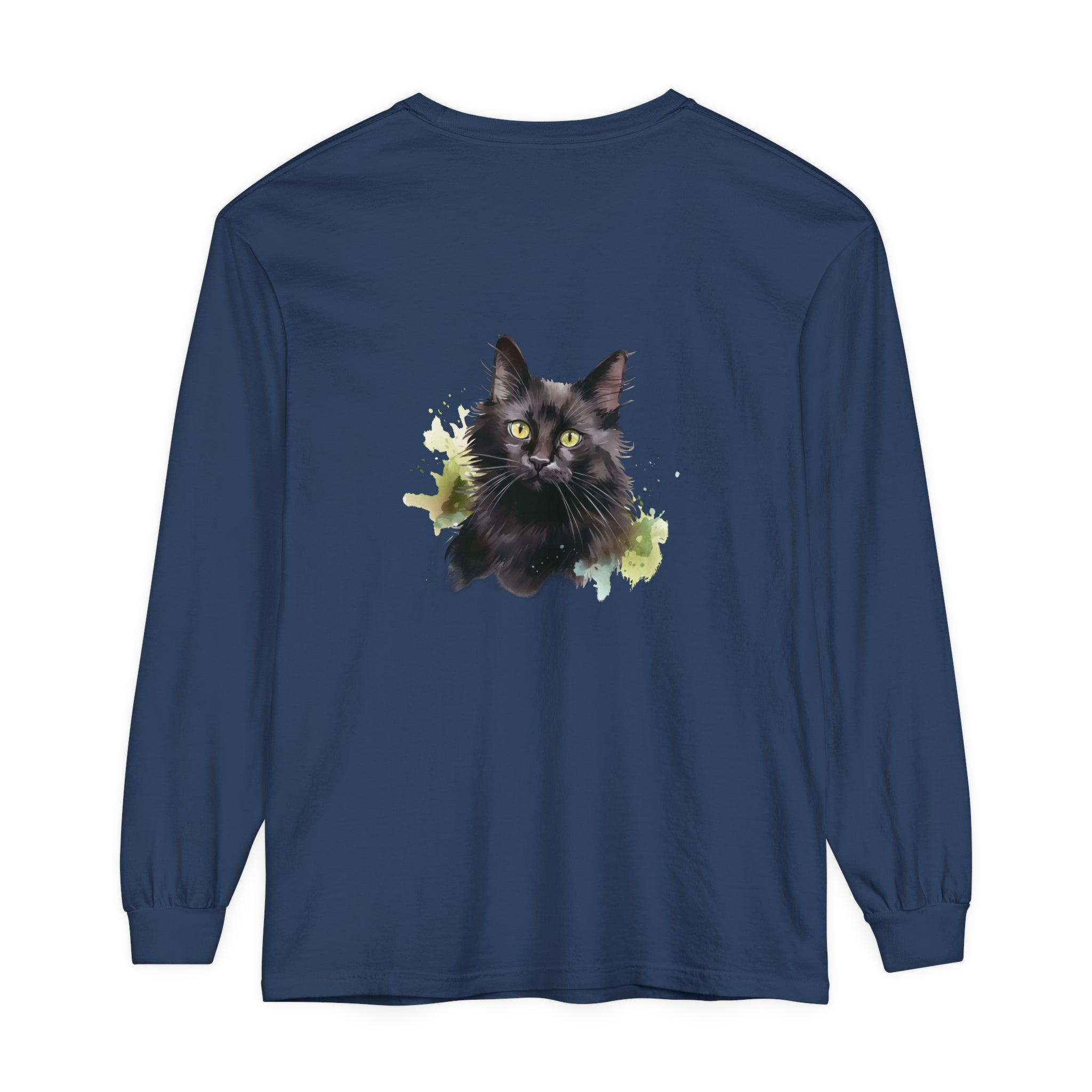 Black Cat Watercolor Splash Long Sleeve T-Shirt featuring a vibrant feline design