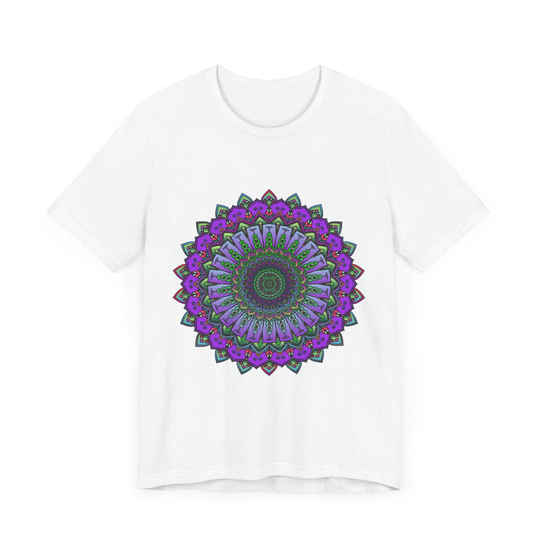 A close-up image of a purple and green mandala tee featuring an intricate and detailed design with floral and geometric patterns, perfect for adding unique and vibrant style to any outfit